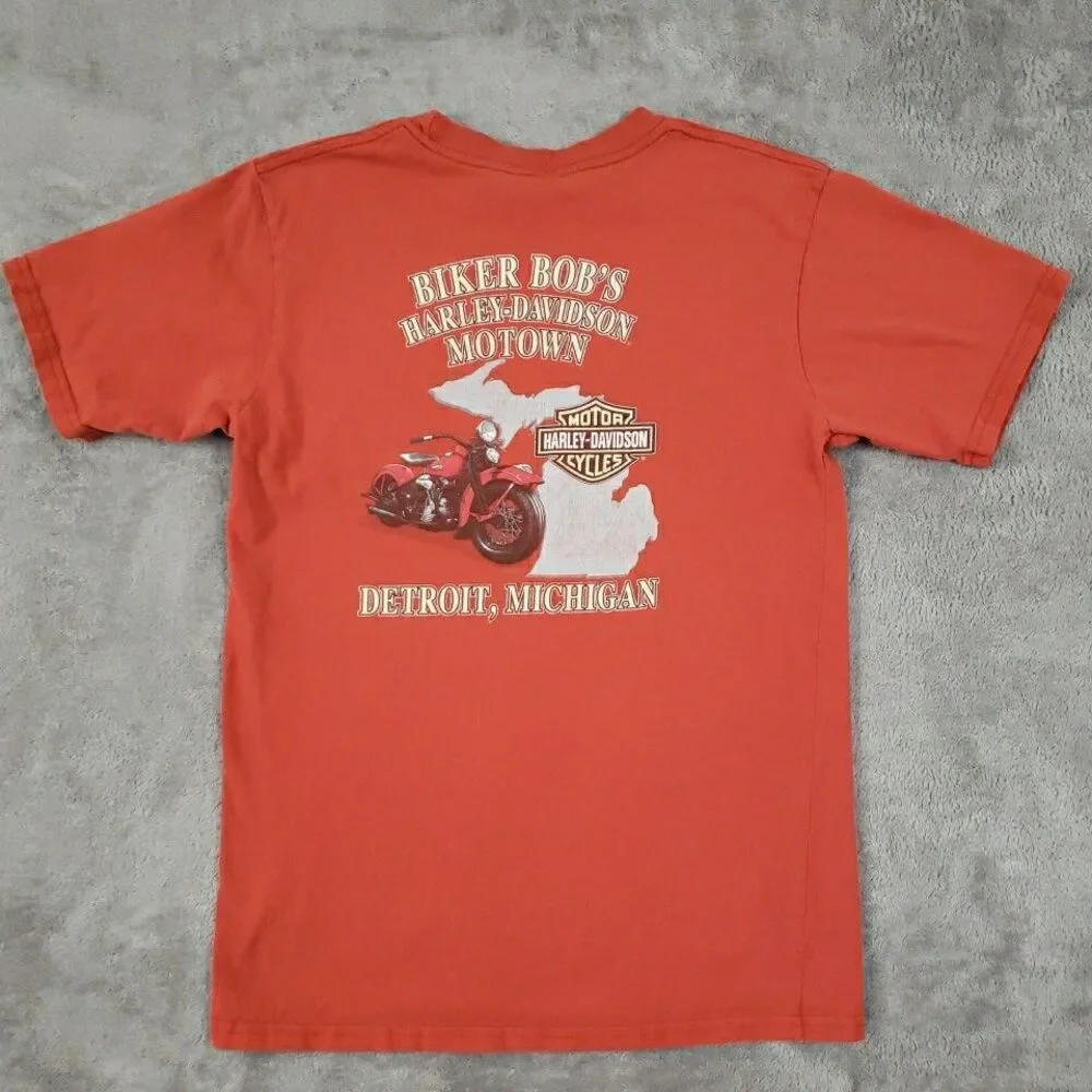 Harley Davidson T Shirt Short Sleeve Biker Bob's Motown MI Orange Men Sz M